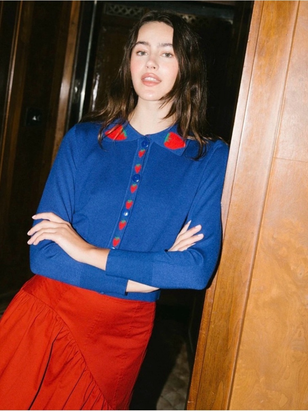 Lisa Says Gah Royal Blue Cardigan with Red Strawberry Motif